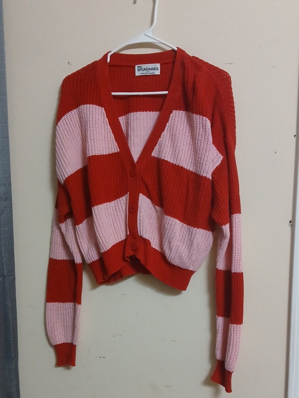 No Boundaries Red and Pink Striped V-Neck Cardigan